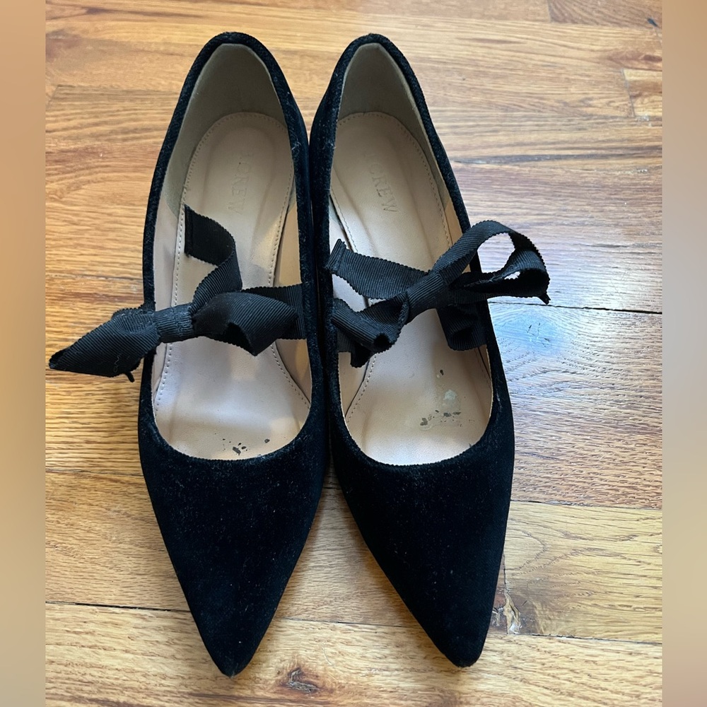 J Crew Avery Black Velvet Block heel with bow